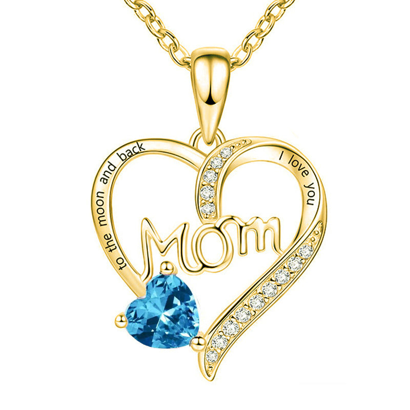 Wholesale Mother's Day Mom Heart-shaped Engraved Diamond Alloy Necklace
